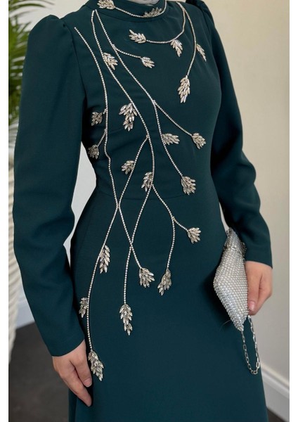 Arinya Yandan Taşlı Kuyruklu Abiye Petrol Yeşili modelleri