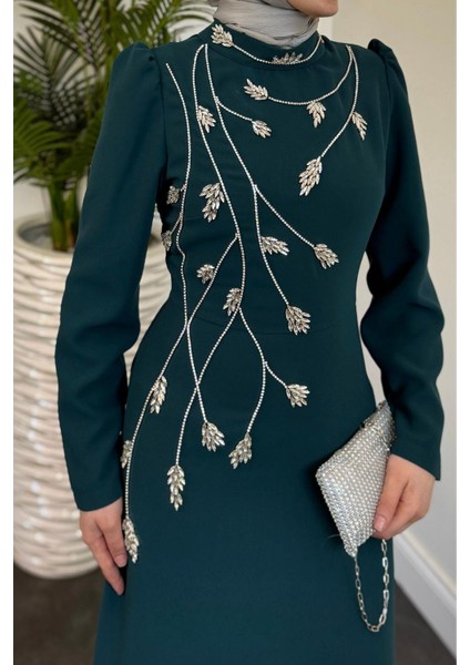 Arinya Yandan Taşlı Kuyruklu Abiye Petrol Yeşili fırsatları