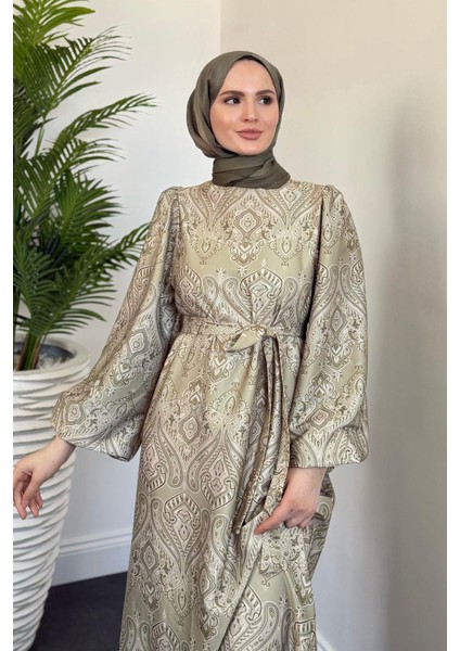 Lilsa Şal Desen Saten Abiye Haki fırsatları