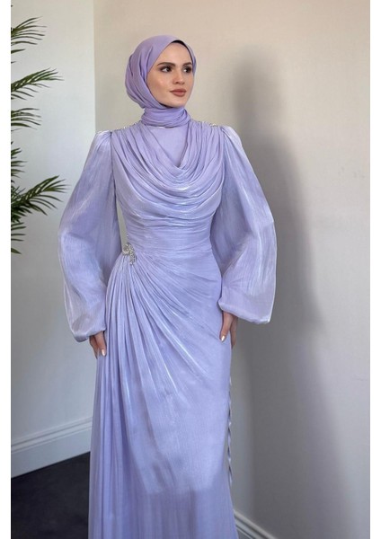 Jenika Omzu ve Beli Taşlı Abiye Lila