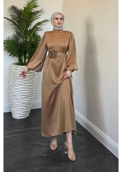 Margherita Taşlı Balon Kol Abiye Cappucino