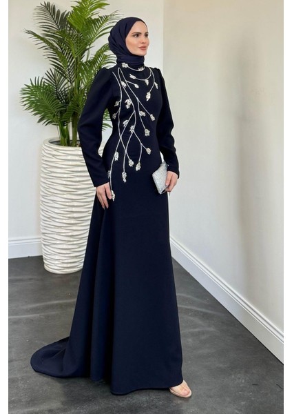 Arinya Yandan Taşlı Kuyruklu Abiye Lacivert