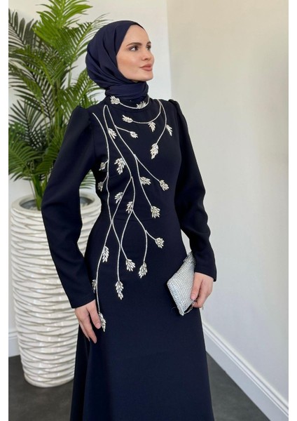 Arinya Yandan Taşlı Kuyruklu Abiye Lacivert fiyatları