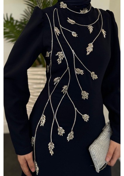 Arinya Yandan Taşlı Kuyruklu Abiye Lacivert modelleri