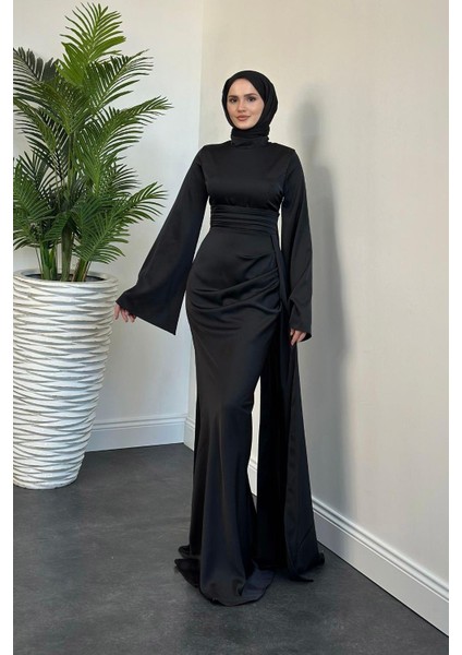 Arabella Pelerinli Saten Balık Abiye Siyah