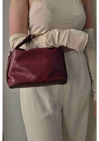 Kadın Bordo Örgü Desen El ve Çapraz Askılı Çanta