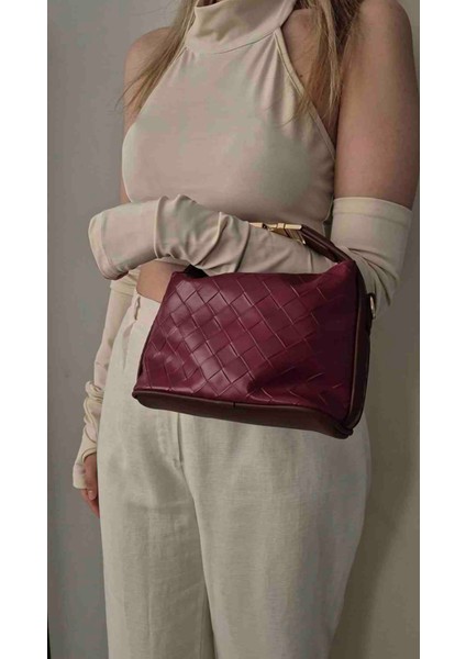 Kadın Bordo Örgü Desen El ve Çapraz Askılı Çanta modelleri