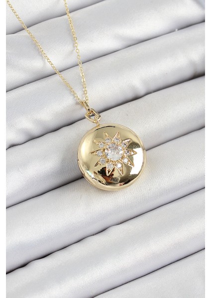 316L Çelik Zincir Açılabilir Madalyon Model Zirkon Taşlı Gold Renk Kadın Kolye