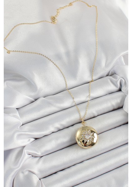 316L Çelik Zincir Açılabilir Madalyon Model Zirkon Taşlı Gold Renk Kadın Kolye modelleri