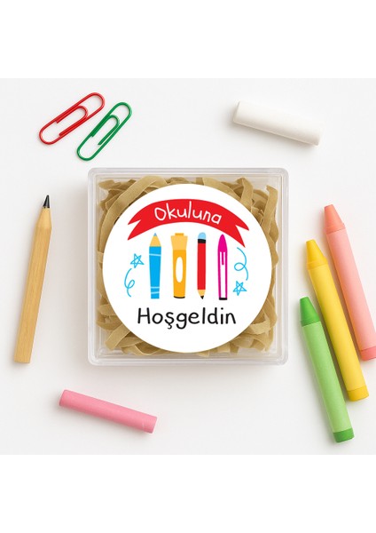 Okuluna Hoşgeldin Baskılı Yapışkanlı Etiket 4 cm 24 Adet Model :1