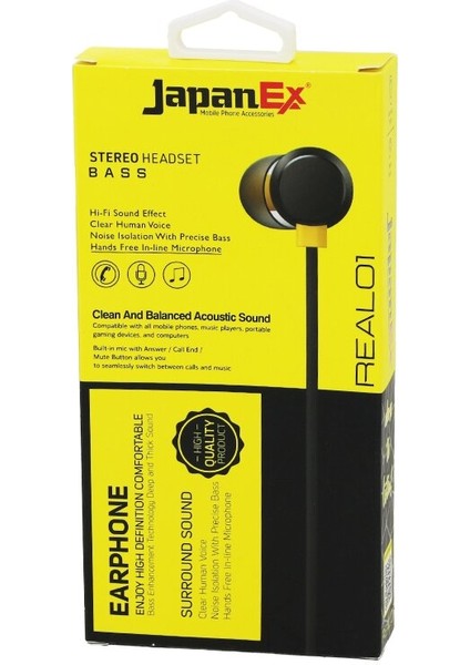 Japanex REAL01 Kulak Içi Mikrofonlu Stereo Kulaklık Kablolu= 1mt Aux Giriş