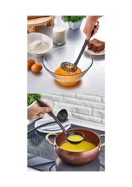 9 Parça Yanmaz Yapışmaz Teflon Kaplama Servis Seti Kepçe Kevgir Spatula Kaşık Plastik Servis Takımı