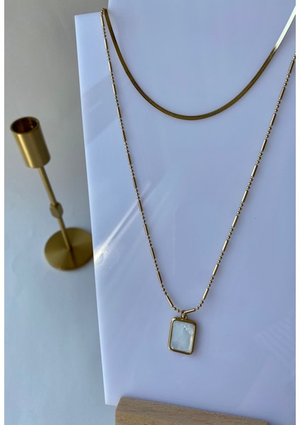 2'li Dikdörtgen Sedef Çelik Gold Kolye modelleri