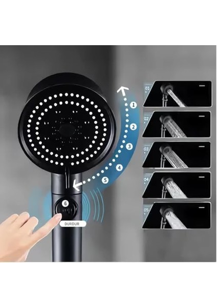 Home Turbo Fan 5 Fonksiyonlu Duş Başlığı, El Duşu Handshower, Siyah, Durdurma Özelliği Ile, Yenilikçi ve Çok Fonksiyonlu Banyo Aksesuarı