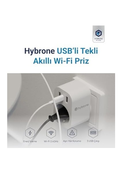 USB ve Type-C Girişli Akım Korumalı Wi-Fi Akıllı Priz, Adaptör, 16 Amper, Enerji Izleme, Çocuk Kilidi, Uygulama ile Uzaktan Kontrol