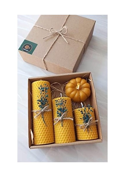 Dekoratif Doğal Petek Balmumu Mum Bal Kabağı Çiçekli Set Bal Mumu Mum Hediyelik