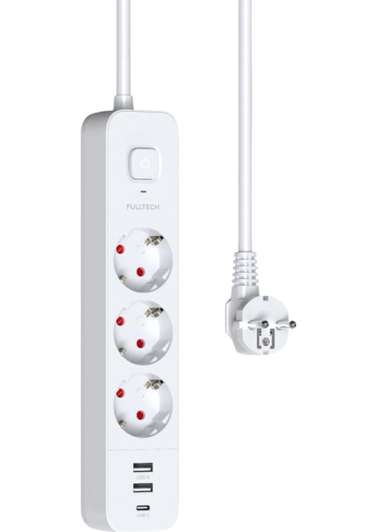 Akım Korumalı Priz, Isıya Dayanıklı Akım Korumalı Priz, Çocuk Korumalı Priz, 3x Priz Girişi, 2x USB Girişi, 1x Type-C Girişi, Uzatma Kablolu Priz Çoğaltıcı (1.8 Metre)