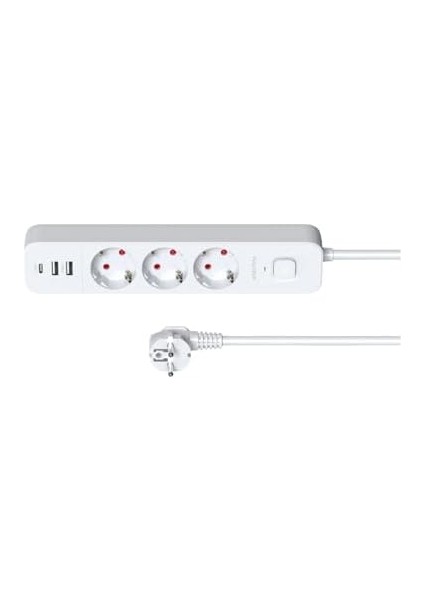 Akım Korumalı Priz, Isıya Dayanıklı Akım Korumalı Priz, Çocuk Korumalı Priz, 3x Priz Girişi, 2x USB Girişi, 1x Type-C Girişi, Uzatma Kablolu Priz Çoğaltıcı (1.8 Metre)