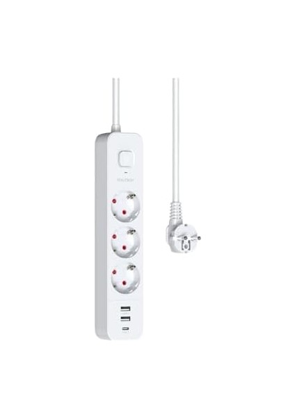 Akım Korumalı Priz, Isıya Dayanıklı Akım Korumalı Priz, Çocuk Korumalı Priz, 3x Priz Girişi, 2x USB Girişi, 1x Type-C Girişi, Uzatma Kablolu Priz Çoğaltıcı (1.8 Metre)