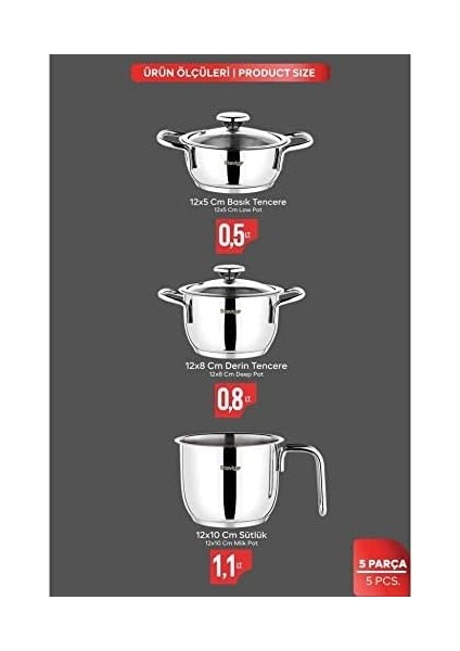 4 Mini Meals 18/10 Paslanmaz Çelik Tencere Seti 5 Parça ST-303