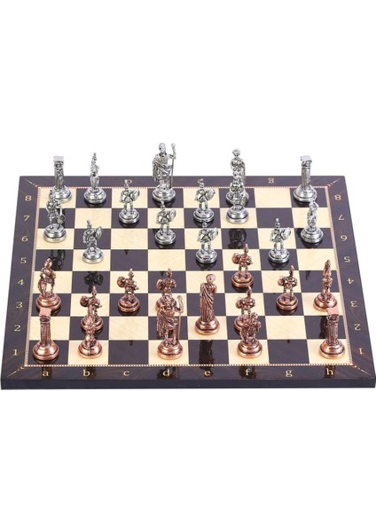 Orta Boy Metal Roma Satranç Takımı Antik ve Ceviz Desenli Mdf Ahşap Satranç Tahtası (37X37 Cm.)
