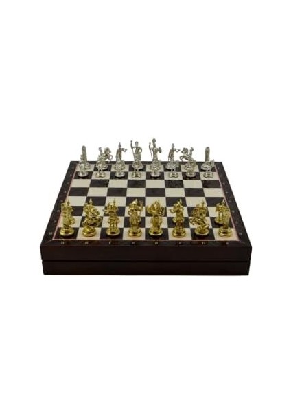 Orta Boy Metal Yunan Satranç Takımı Parlak ve Ceviz Desenli Sandıklı Mdf Tahtası (36X36X6 Cm.)