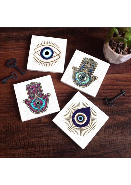 Nazar, Fatma Ana Eli (Hamsa) Taş Bardak Altlığı Seti - 4 Parça - Dekoratif, Rustik Mutfak Aksesuarı, 10X10 Cm, Kaydırmaz Tabanlı, Şık ve Dayanıklı SC402