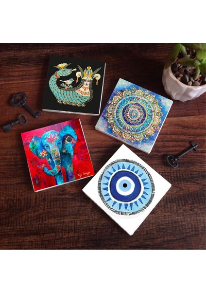 Nazar, Mandala, Fil, Şahmeran Taş Bardak Altlığı Seti - 4 Parça - Dekoratif, Rustik Mutfak Aksesuarı, 10X10 Cm, Kaydırmaz Tabanlı, Şık ve Dayanıklı SC124