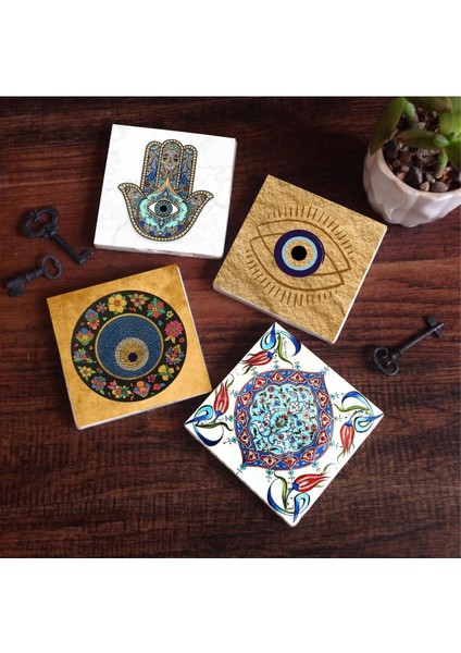 Nazar, Çini Sanatı, Fatma Ana Eli (Hamsa) Taş Bardak Altlığı Seti - 4 Parça - Dekoratif, Rustik Mutfak Aksesuarı, 10X10 Cm, Kaydırmaz Tabanlı, Şık ve Dayanıklı SC508