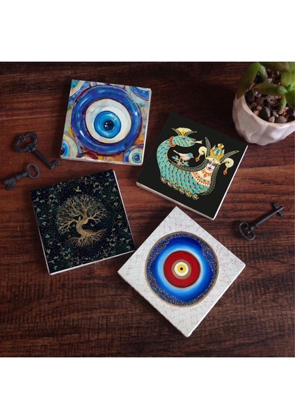 Nazar, Hayat Ağacı, Şahmeran Taş Bardak Altlığı Seti - 4 Parça - Dekoratif, Rustik Mutfak Aksesuarı, 10X10 Cm, Kaydırmaz Tabanlı, Şık ve Dayanıklı SC379