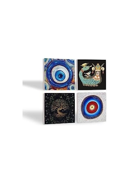 Nazar, Hayat Ağacı, Şahmeran Taş Bardak Altlığı Seti - 4 Parça - Dekoratif, Rustik Mutfak Aksesuarı, 10X10 Cm, Kaydırmaz Tabanlı, Şık ve Dayanıklı SC379