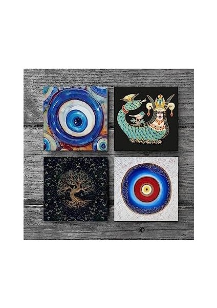 Nazar, Hayat Ağacı, Şahmeran Taş Bardak Altlığı Seti - 4 Parça - Dekoratif, Rustik Mutfak Aksesuarı, 10X10 Cm, Kaydırmaz Tabanlı, Şık ve Dayanıklı SC379