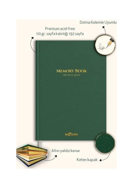 Color Memory Book Keten Hatıra Defteri Altın Kenarlı Anı Albümü Yeşil