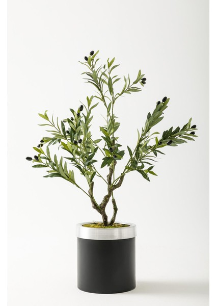 Yapay Zeytin Ağacı 85 cm Siyah Gümüş Metal Saksı