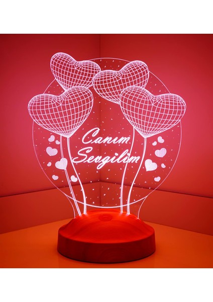 Şubat Hediyesi Canım Sevgilim, Sevgililer Günü Hediyesi Balon Kalpler Küre 3 Boyutlu 3D LED Lamba Gece ve Masa Lambası