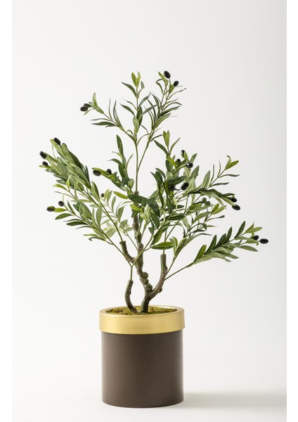 Yapay Zeytin Ağacı 85 cm Kahverengi Gold Metal Saksı