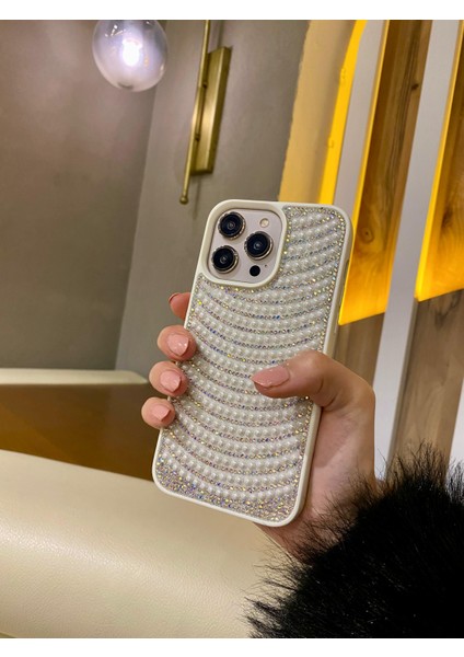 Iphone 14 Promax Uyumlu Parlak Işıl Taşlı Incili Premium Telefon Kılıfı