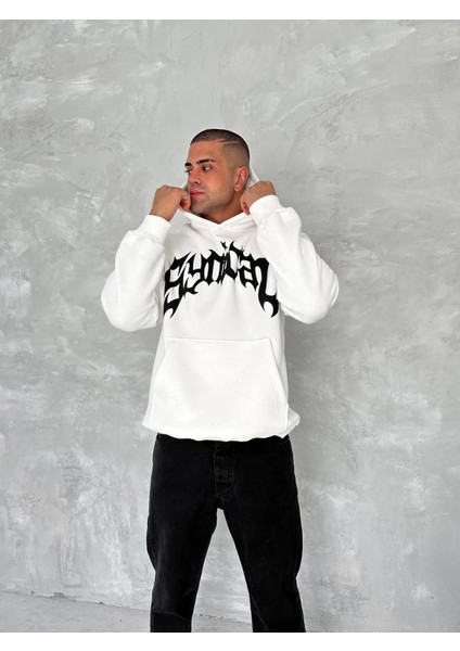 Unisex Üç Iplik Kapşonlu Baskılı Sweatshirt - Beyaz