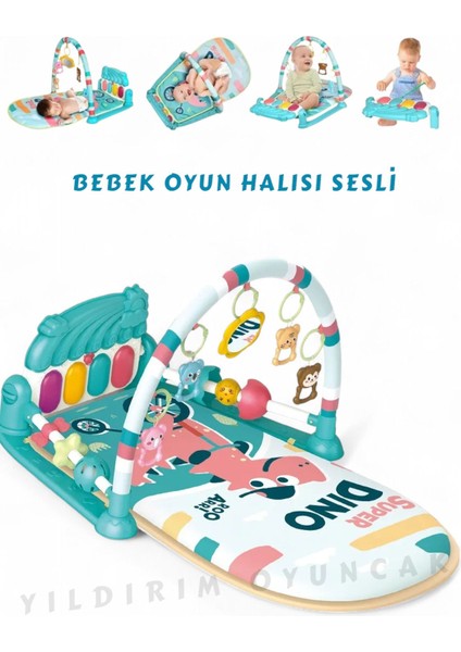 Elite Bebek Oyun Halısı Piyanolu, Gökkuşağı Dinozor Desenli 73 cm Sesli Dönenceli Bebek Halısı 1 Adet