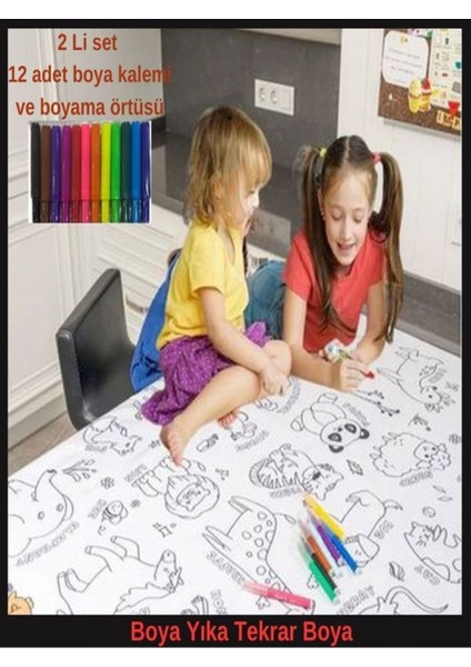 Elite 2li Set Kumaş Yıkanabilir Boyama Seti 12LI Boya ile Su Geçirmez Örtü Eğitici Boyama 100X150CM 1 Adet