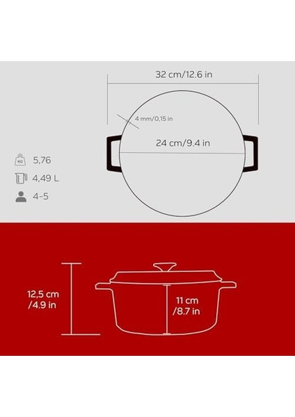Metal Döküm Çok Amaçlı Yayvan Tencere, Trendy 24 cm 2.47 L Kırmızı