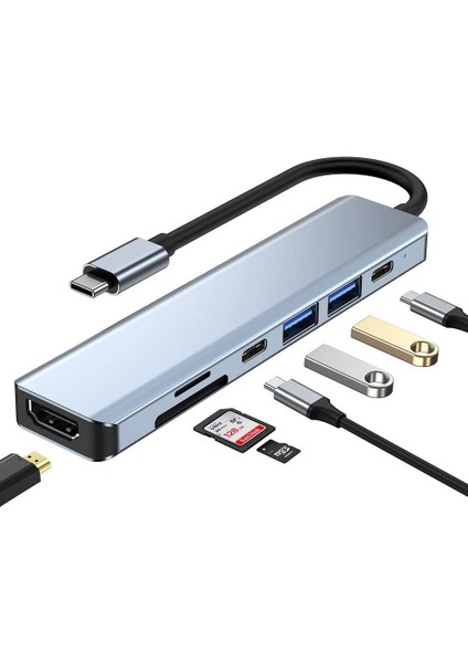 Tr-35 7 Port Mac Uyumlu Thunderbolt 3 ile Uyumlu Hub Type-C To 4K Hdtv 2x Usb3.0 2x USB C Pd Şarj Micro Sd ve Sd Kart Okuyucu