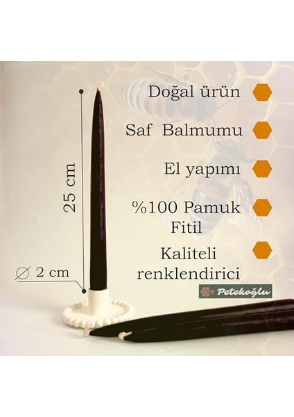 Balmumu Mum 4 Adet Standart Şamdan Mumu 25CM Boy 2cm Kalınlık Siyah Dekoratif Mum (Siyah)