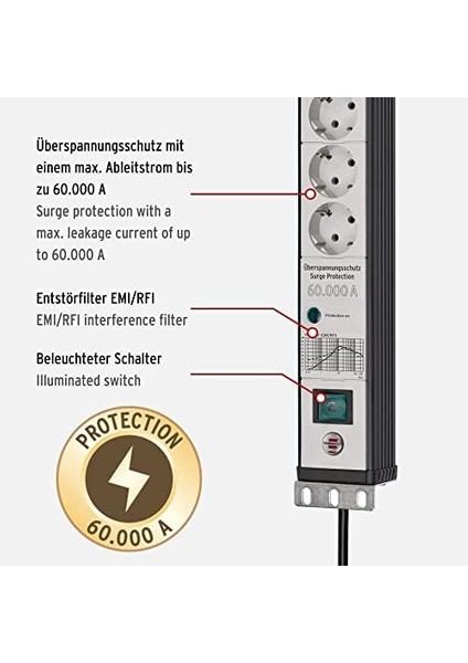 Premium-Line Çoklu Priz, 6 Katlı, Aşırı Gerilim Korumalı, 60.000 A (19 Inç Formatında, 3 M Kablo, Şalterli, Alman Malı) Siyah/gri fiyatları