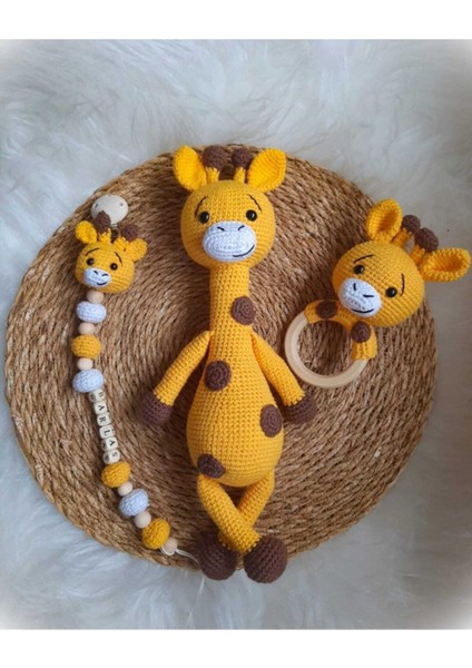 Amigurumi Zürafa Uyku Arkadaşı Emzik Zinciri Çıngırak Set 1 Adet