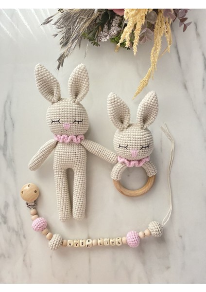 Elite Amigurumi Yenidoğan Tavşan Uyku Arkadaşı Çıngırak Emzik Zinciri Örgü 1 Adet