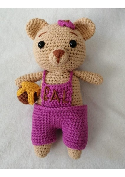 Pembe Tulumlu Ballı Ayıcık Amigurumi Organik Oyuncak 1 Adet