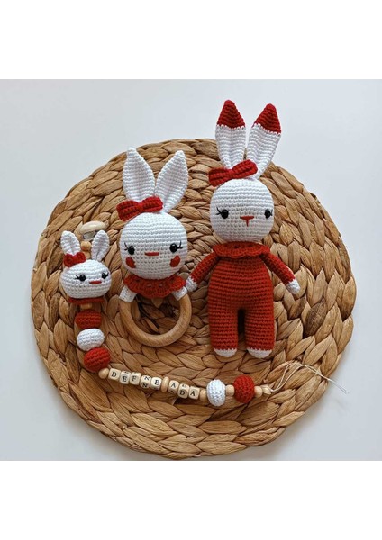 Amigurumi Tavşan Uyku Arkadaşı Emzik Zinciri Çıngıraklı Diş Kaşoyıcı Üçlü Set 1 Adet