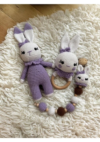 Amigurumi Hediyelik Minik Tavşan Uyku Arkadaşı Çıngırak Emzikzimciri Set 1 Adet