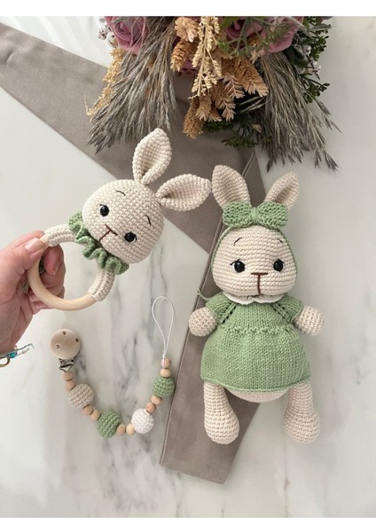 Elite Amigurumi Yenidoğan Set Tombik Tavşan Uyku Arkadaşı Çıngırak Emzik Zinciri 1 Adet